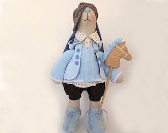 Stuffed bunny doll Ryan Fabric animal Rabbit soft toy OOAK doll art 18" 46cm Birthday gift for boy toy big Cloth doll Home decor Room blue