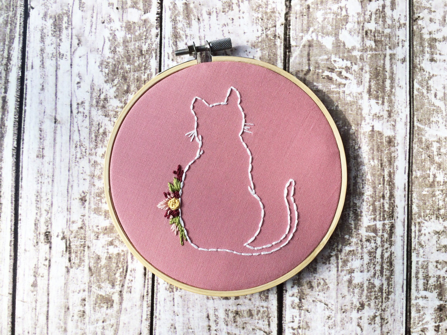 Cat embroidery Floral hoop art Custom needlepoint Hand