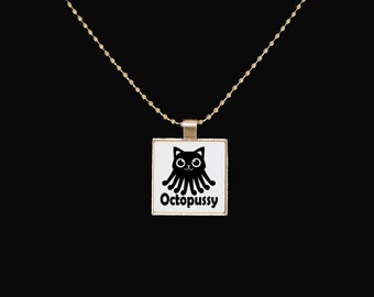 Cat necklace, octopussy, funny necklace, cute jewelry, silver pendant, square pendant, sarcasm, statement jewelry, octopus necklace