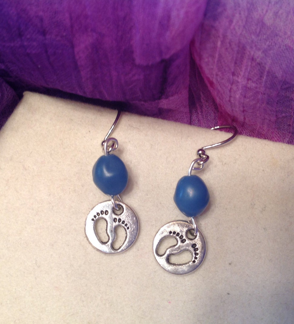 Baby Boy Foot Print Silver charm Earrings Blue bead New Mother