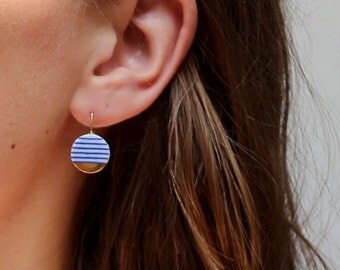 Blue white ceramic earrings, porcelain jewelry, blue white stripes, Nautical jewelry, 18k solid gold earrings, minimalist jewelry