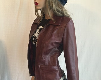 Vintage 1970s Leather Motorcycle Jacket - Retro Wineberry Brown Leather Biker Jacket