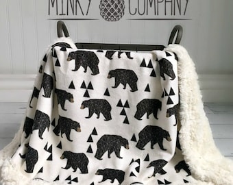 Bear Baby Blanket - Geometric Bear - Designer Minky - Ivory