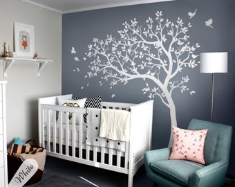 White tree decals Large nursery tree decals with birds stunning white tree decals Wall tattoos Wall mural removable vinyl wall sticker 032