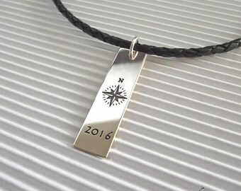 Engraved Compass Necklace, Silver Bar, Travel Gift Men, Traveler's Jewelry, 2017 Graduation Gift Son, For Boyfriend, College Graduate
