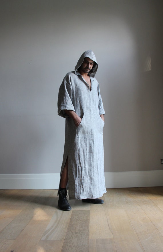 Ash grey hooded caftan Pure soft pre washed wrinkled linen