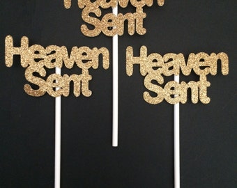 Baby Shower Boy Decorations, Heaven Sent Baby Shower Cupcake Toppers, 12 CT.