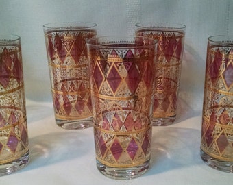 Culver Cranberry and Gold Highball 12 Ounce Glasses/Tumblers - Mid Century Mad Men Bar Decor - Set of 7