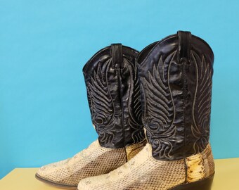 Vintage Distressed Leather Boots, Snakeskin Black Leather, Size 9, Western, 1960s Motorcycle Boots, Frye Style, Men's Black Boots Size 9