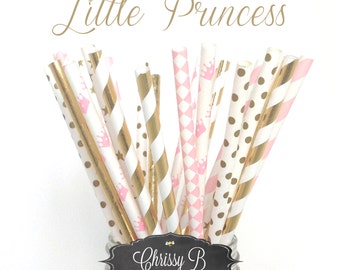 Pink and Gold Princess Party Straws (PERFECTLY PRETTY Theme) Pack of 25 Straws - Polka Dots, Gold Foil, Crown - Pink and Gold Party Decor