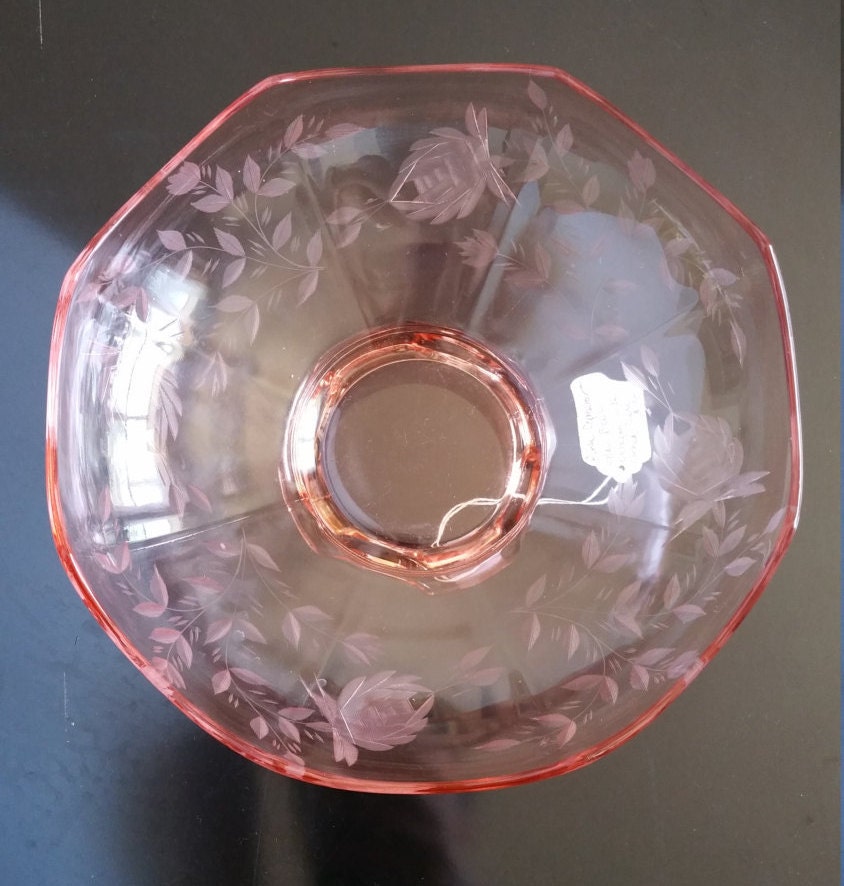 Vintage Pink Octagon Depression Glass Bowl With Etched Roses 1188