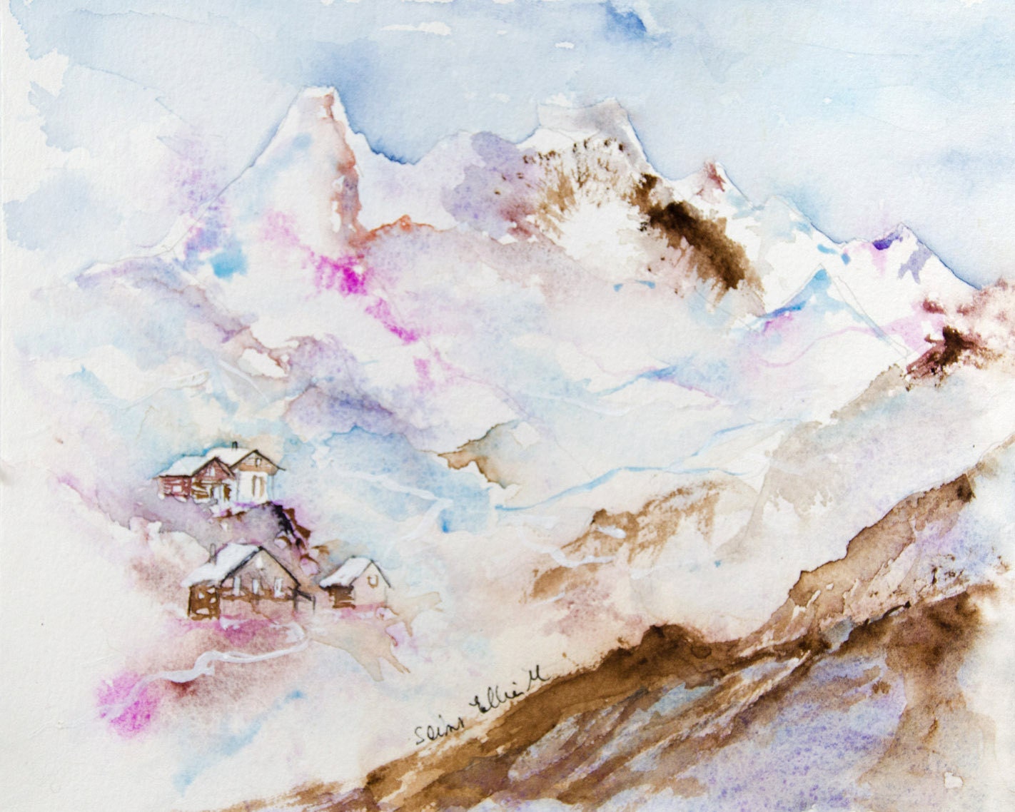 Aquarelle De Montagne Avec Chalets Peinture Paysage De