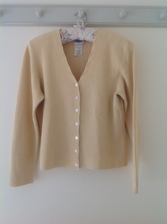 Laura Ashley vintage pale yellow cardigan ribbed cotton