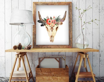 Bull Skull Wall Decor cow skull with flower digital print floral animal skull boho Bull Skull Wall Decor cow skull with flower digital print floral animal skull boho