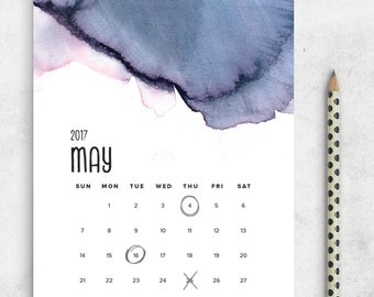 Printable 2017 Calendar, Watercolor Calendar Planner 2017 PDF, A4 UsLetter A5 Calendar Printable Wall Calendar, Modern Instant Download