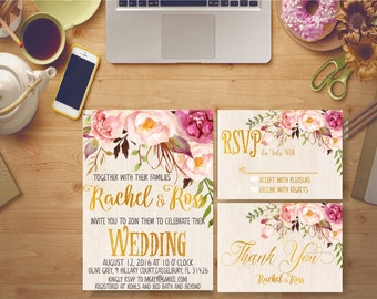 Rustic Wedding Invitation Printable Wooden Floral Peonies Gold Foil Flowers Bridal Print Digital Bridal Invites Kit Custom DIY - BS23