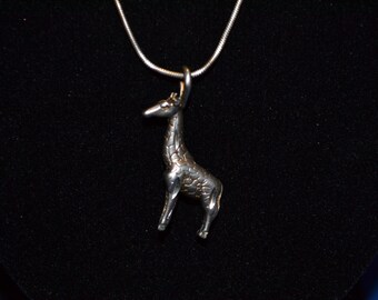 PC-012: Solid Sterling Silver 18" Snake Chain Necklace with Solid Silver Etched Textured 3D Giraffe Pendant