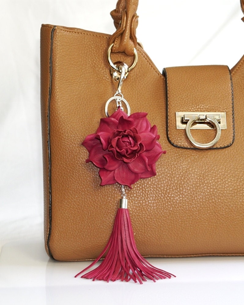 Genuine Leather Flower Bag Charm Rose Tassel Real Leather