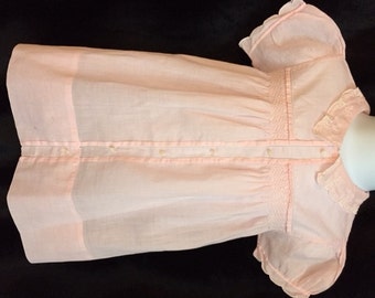 One-of-a-Kind, Hand-made Dress in Sheer Pink Batiste Fabric With Exquisite Lace, Smocking, Tucks and Embroidery.