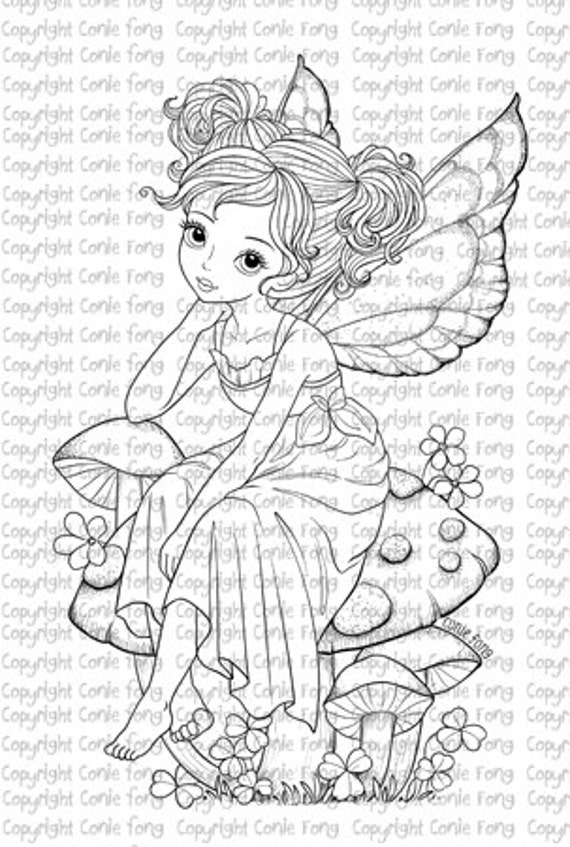 Digital Stamp, Digi Stamp, digistamp, Sitting Pretty on Mushroom by Conie Fong, Girl, Fairy, fantasy, mushroom, coloring page, scrapbooking