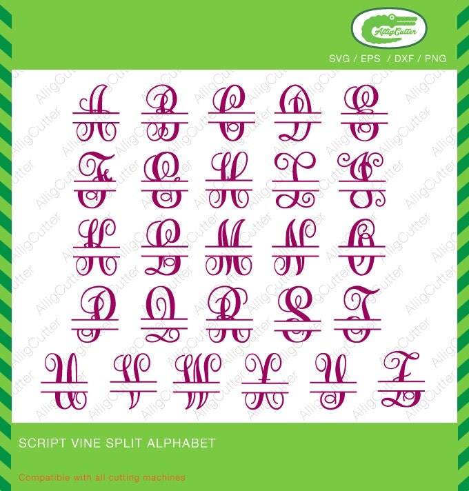 Script Vine Split Alphabet Monogram SVG DXF PNG eps font Cut