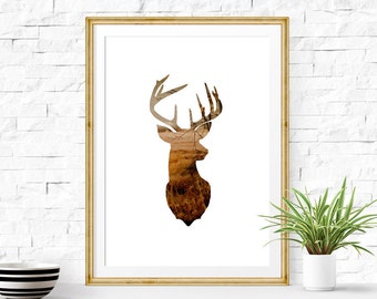 Stag Head Print 8x10 - 24x36 inc, Deer Print, Deer Antler Decor, Cloud Photography, Deer Art, Instant Download Printable Art, Animal Art