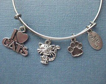 Cat Bangle - Cat Charm Bracelet - Cat Jewelry - Charm Bracelet - Bangle - Cat Lover - Cat - Charm Bangle -- B118