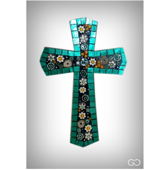 Cross mosaic teal color and Multicolor Murrine by TesserediMosaico