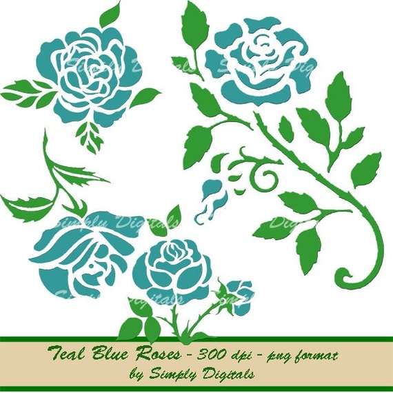 Items similar to Teal Blue Roses Digital Clipart. Flower Clipart ...