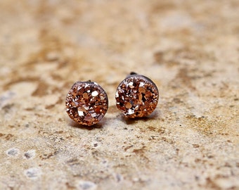 Tiny Rose Gold Druzy Earrings, 8mm Round Druzy Earrings Bronze Metallic Glitter Faux Drusy Posts Glittering Gold Stainless Steel Studs