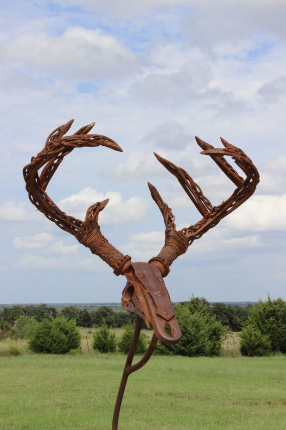 Rustic Metal Sculpture Antlered Buck Deer Big 9