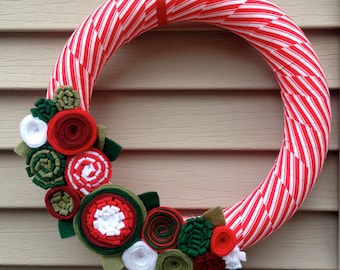 Christmas Wreath, Modern Wreath, Holiday Wreath, Candy Cane Wreath, Christmas Striped Ribbon Wreath, Felt Flower Wreath, Ribbon Wreath