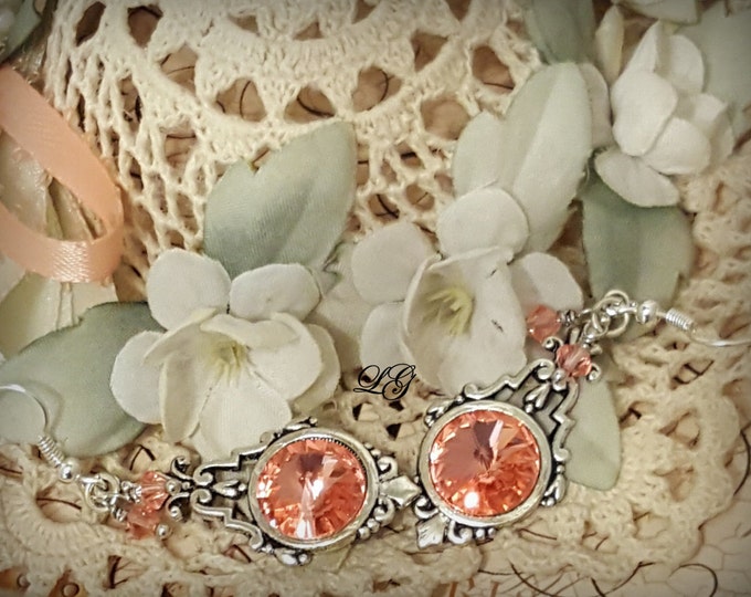 Swarovski Crystal Rose Peach Art Deco Drop Earrings- Silver Earrings