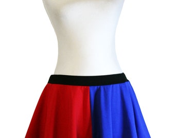 Red and Blue Cotton Harley Quinn Circle Skirt suicide squad cosplay plus size XS S M L XL 2XL 3XL mini flared elastic waistband ruffled hem