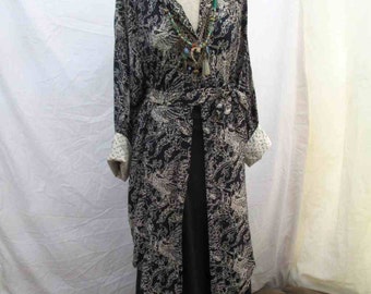 80s Blue Batik Kimono vintage rayon Batik Duster Dress Navy print batik Long shirtdress vintage rayon Batik Dress M L