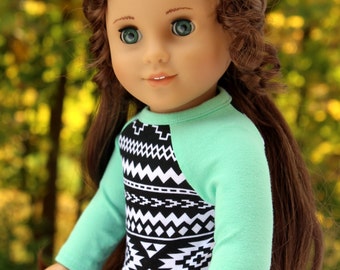Fits like American Girl Doll Clothes - Aztec Print and Seafoam Raglan Tee, Made To Order