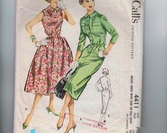 1950s Vintage Sewing Pattern McCalls 4411 Misses Dress with Slim or Full Skirt Button Front Size 14 Bust 34 1957 50s 99