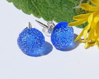 Transparent blue handmade lampwork glass earrings with sterling silver posts