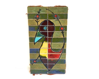 Mid Century Bird Art Pottery Tile wall hanging~ Unique colorful modernist original art piece~ Signed WJW