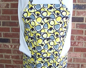 Plus Size Apron, Women's Full Apron, Retro Lemon Yellow Circles, Grey and Black Apron, Pocket Apron, Bib Apron, Kitchen Apron, Yellow Apron