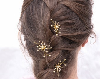Wedding Hair Pins Star Flower and Champagne Pearl Bridal Hair Pin Set, Brass Flower Bobbie Pins Hair Jewelry Beaded Headpiece