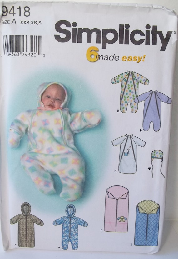 Baby Bunting, Layette Set Simplicity 9418 Infant Sewing Pattern Easy to Sew Blanket Bunting Hooded Sleepers, Attached Mittens, Hat, UNCUT