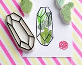 cactus succulent terrarium stamp set. geometric terrarium hand carved rubber stamps. gemstone stamp. birthday scrapbooking. set of 4. no4