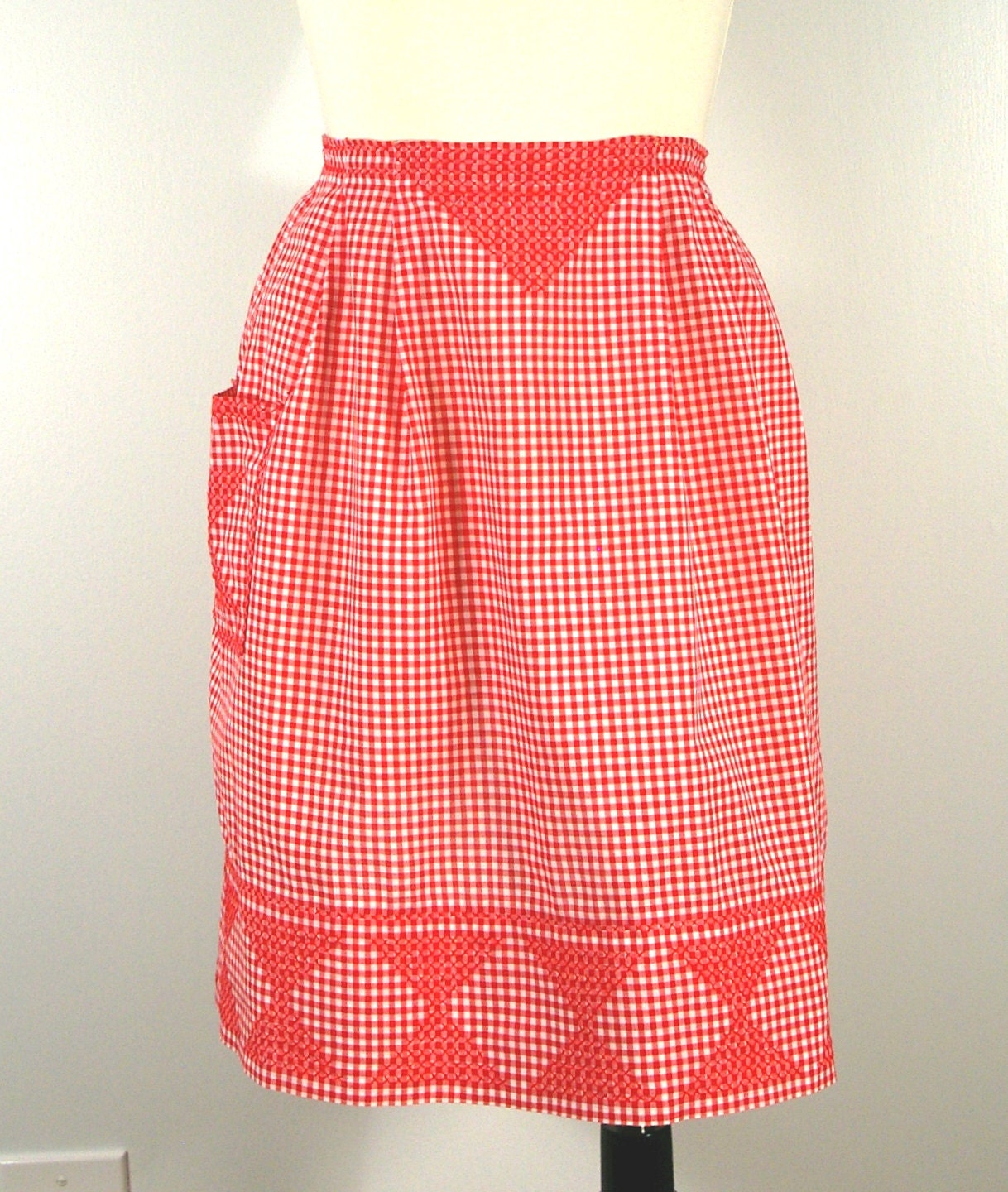 Vintage Apron Red Cross Stitch Gingham Half Apron