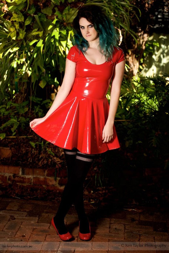 Red Vinyl Skater Dress Handmade Pvc Stretch Circle Skirt