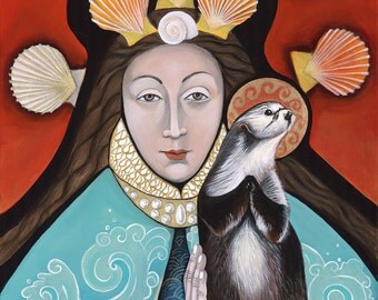 Queen of the Sea and the Otter Saint Standing on Urchin, Print from my Original Painting, Christina Miller Artist