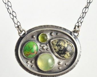 prehnite, green mojave turquoise, peridot and picasso serpentine sterling silver necklace pendant