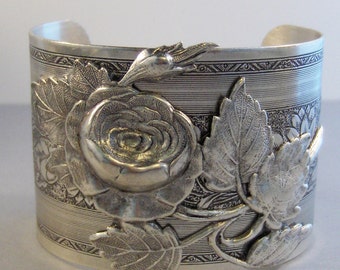 Rose Garden,Cuff,Cuff Bracelet, Bracelet,Cuff Bracelet,Bracelet,Silver,Antique Bracelet,Chunky Bracelet,Gypsy Bracelet.valleygirldesigns.