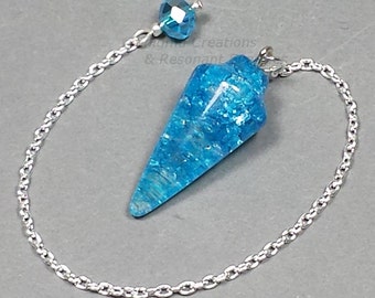 Blue Crackle Quartz Smooth Cone Crystal Pendulum w/ Czech Glass Crystal Finger Grip, SSP48