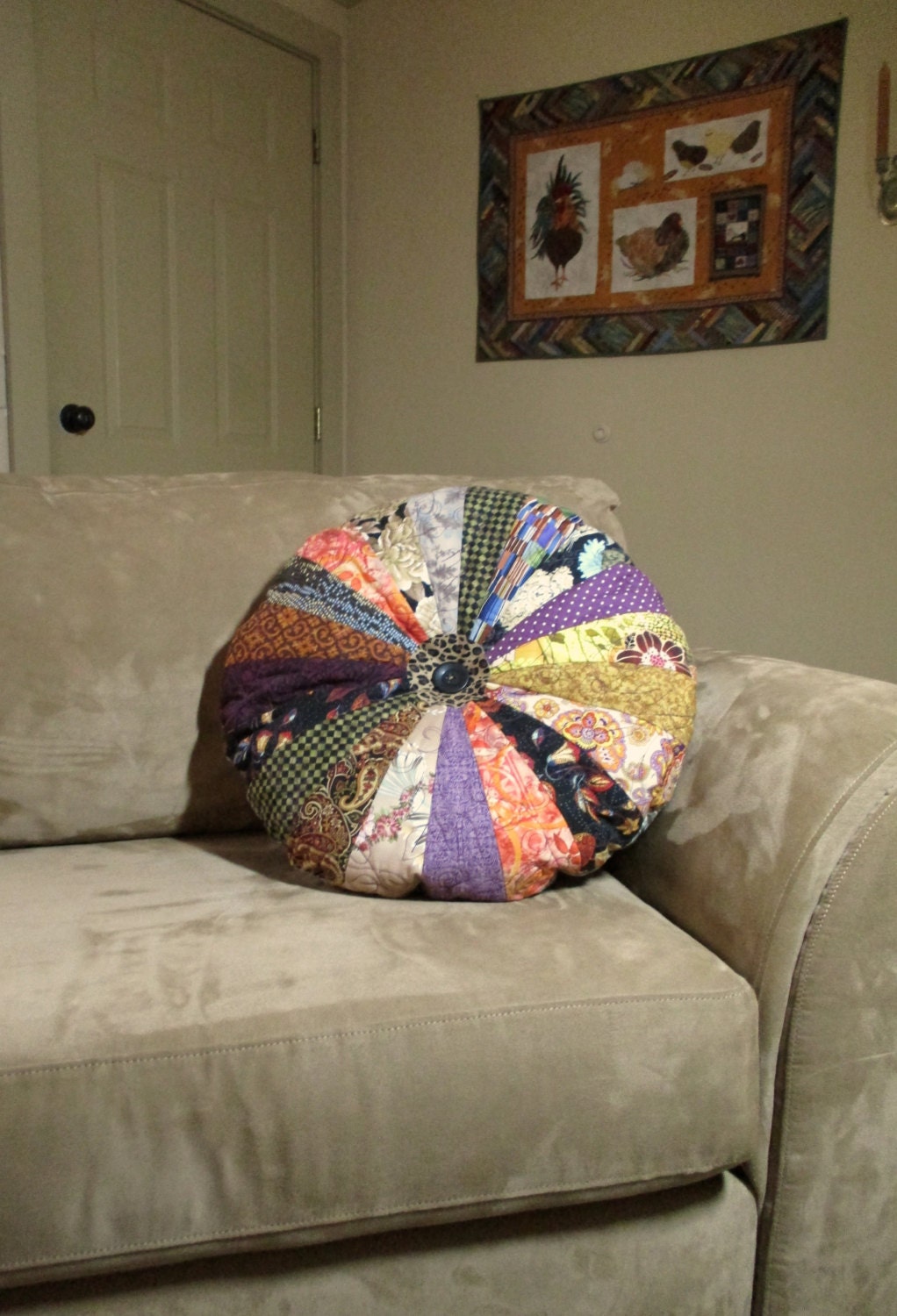 Large Quilted Round Pillow BoHo 20 Quiltsy Handmade